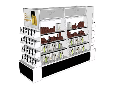 Retail Display Shelves With Multiple Layers Holding Bottles And Boxed Products 3d model