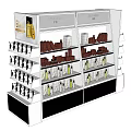 Retail Display Shelves With Multiple Layers Holding Bottles And Boxed Products