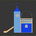 Blue Castle Shaped Two Level Play Equipment With Wooden Slide Flag Windows And Door