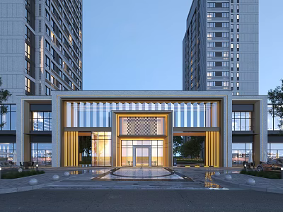Modern Building Entrance With High rise Towers Decorative Facade And Illuminated Plaza 3d model
