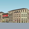 Classical Style Multi story Commercial Complex With Clock Tower And Billboards 3d model