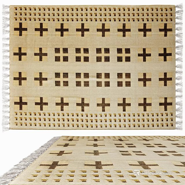 Patterned Rug With Geometric Cross And Square Patterns In Beige Brown Tones Tassel Edges For Home Decor 3d model 