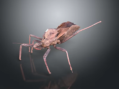 Brown insect with leaf like texture and long slender legs on dark background with reflection 3d model
