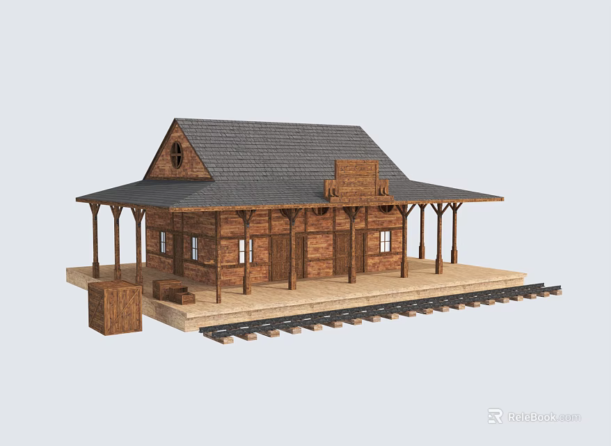 Traditional Wooden House with Gray Roof Covered Porch Train Tracks and Small Box 3d model 