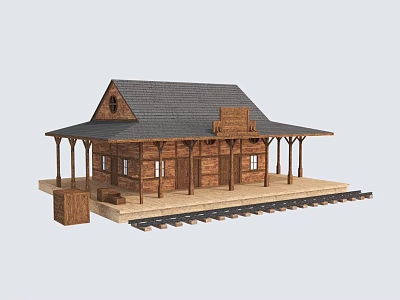 Traditional Wooden House with Gray Roof Covered Porch Train Tracks and Small Box 3d model