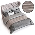 Modern Double Bed With Upholstered Headboard Gray Bedding Triangle Patterns And Striped Pillows 3d model