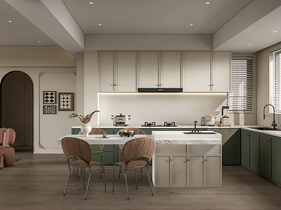 Modern Open Kitchen With Island White Countertop Green Cabinets Beige Walls And Chairs 3d model