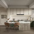 Modern Open Kitchen With Island White Countertop Green Cabinets Beige Walls And Chairs
