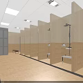 SPA Sauna Room With Beige Tiled Walls Private Cubicles Shower Heads Lockers And White Ceiling