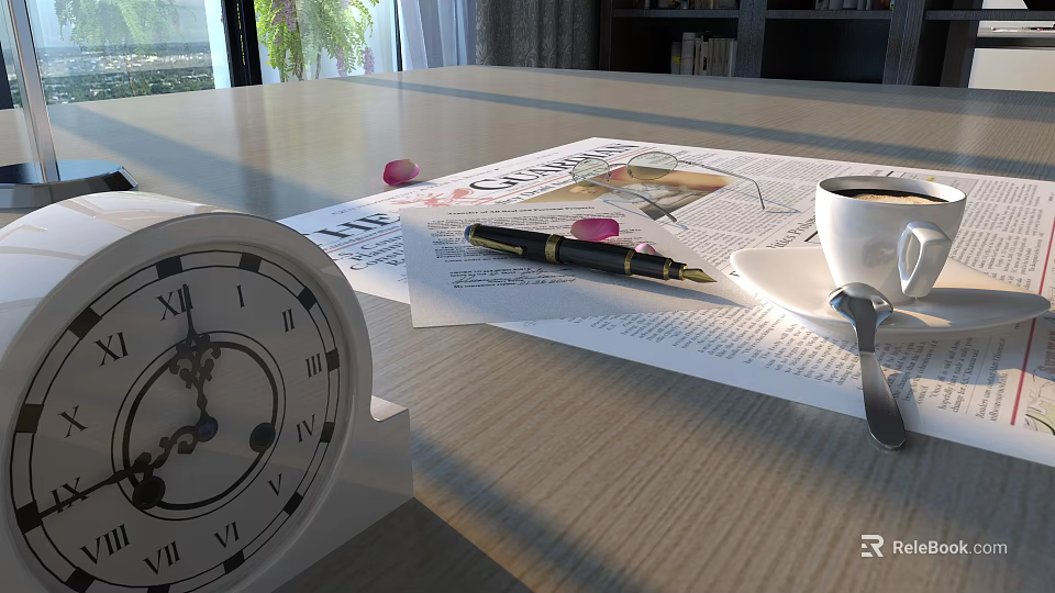 White Cup on Newspaper with Pen Clock on Sunlit Wooden Table 3d model 