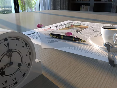 White Cup on Newspaper with Pen Clock on Sunlit Wooden Table 3d model