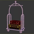 Metallic Luggage Cart With Silver Frame And Red Brown Leather Suitcases On Wheels