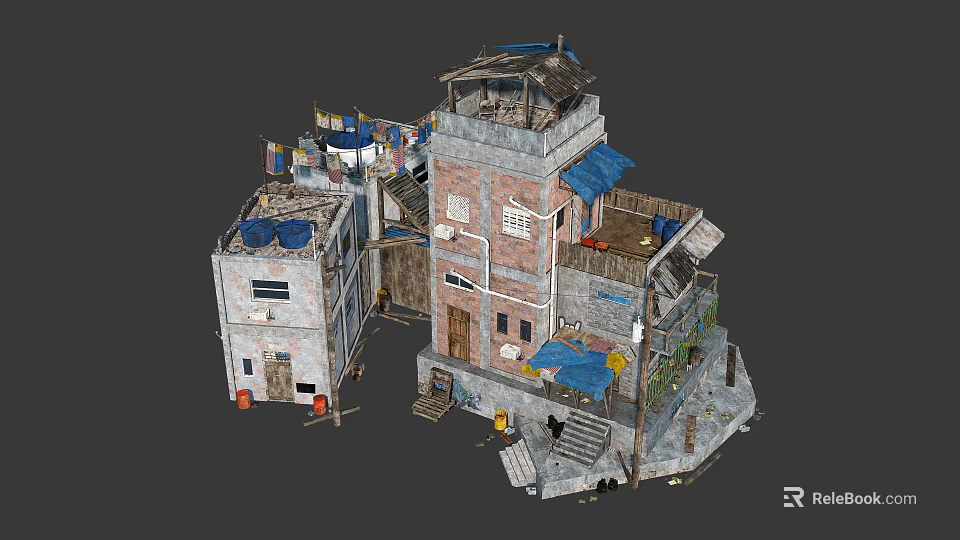 Dilapidated Multi Structure Buildings With Brick Concrete Walls Balconies Awnings And Old Roofs 3d model 