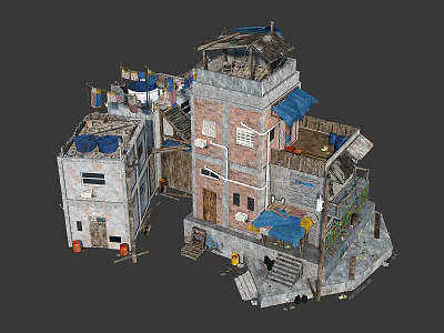 Dilapidated Multi Structure Buildings With Brick Concrete Walls Balconies Awnings And Old Roofs 3d model