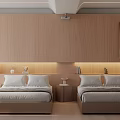Modern Hotel Guest Room with Wooden Striped Walls Lighted Headboard Twin Beds and Nightstands