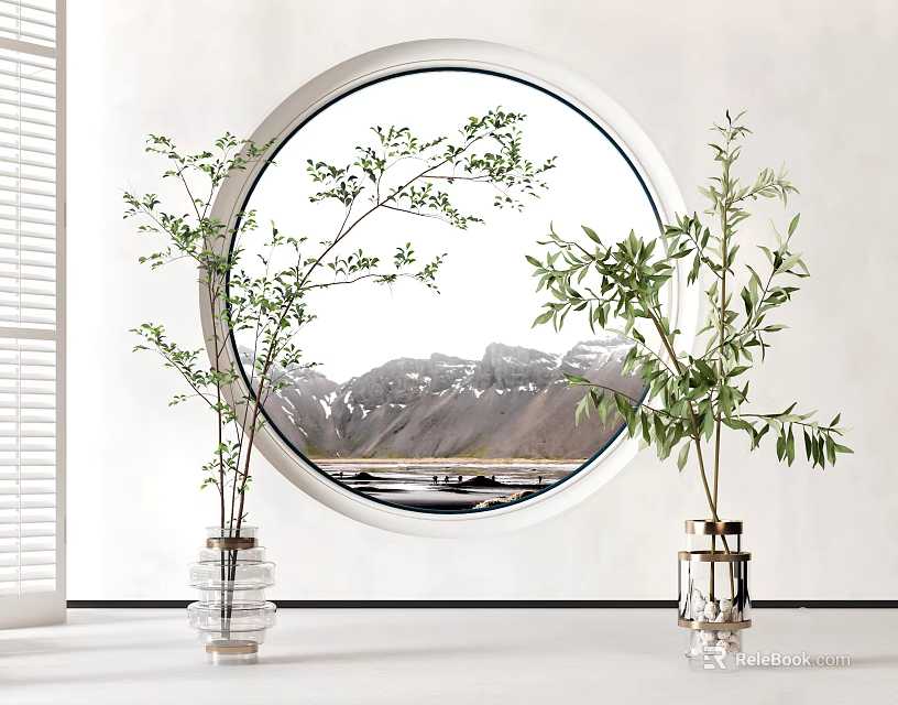 Two Clear Glass Vases with Green Plants on Either Side of Round Window on Light Wall 3d model 