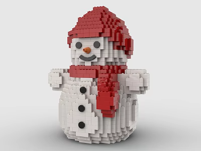 Building Blocks Crafted Snowman Figure With Red Hat White Body And Black Buttons 3d model