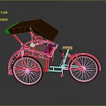 Red Rickshaw With Brown Canopy White Seat And Red Frame Structure