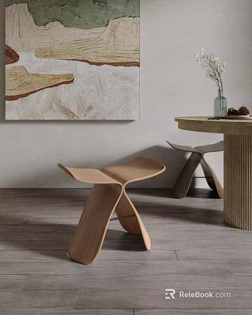 Modern Wooden Stools In Minimalist Interior With Art And Table 3d model 
