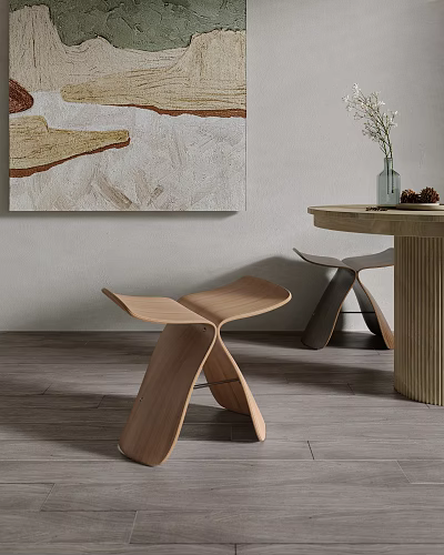 Modern Wooden Stools In Minimalist Interior With Art And Table 3d model