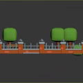 3D Model of Small Courtyard With Orange Fence Green Trees Benches and Lawn Path