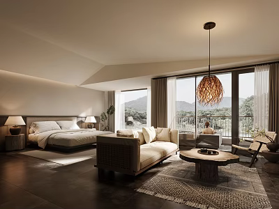 Warm Natural Hotel Guest Room With Cozy Bed Sofa Coffee Table And Mountain View Through Floor To Ceiling Windows 3d model
