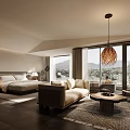 Warm Natural Hotel Guest Room With Cozy Bed Sofa Coffee Table And Mountain View Through Floor To Ceiling Windows