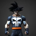 Game Movie Character With Black Hair Skull Chest Design Black Outfit Orange Belt Muscular Build