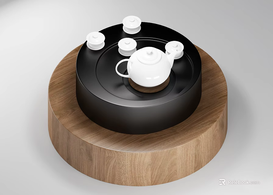 Elegant Tea Set with White Teapot and Teacups on Black Tray Wooden Base 3d model 