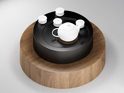 Elegant Tea Set with White Teapot and Teacups on Black Tray Wooden Base 3d model