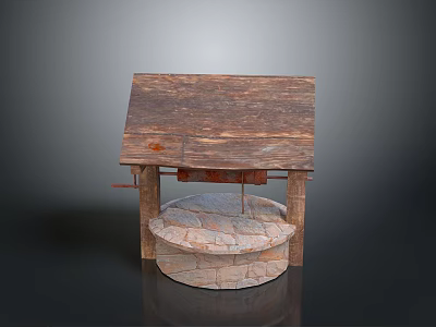 Traditional Stone Mill With Wooden Roof Circular Stone Base And Supports 3d model