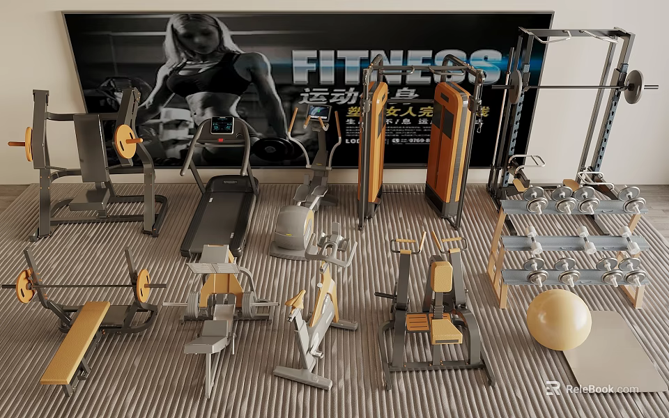 Various Fitness Equipment Including Treadmills Dumbbells Exercise Ball And Strength Training Machines In Gym Studio 3d model 