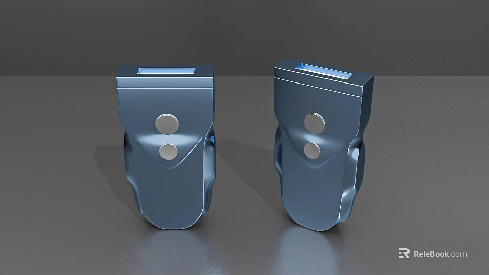 Two Blue Metal Components With Circular Buttons And Rectangular Openings On Gray Surface 3d model 