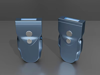 Two Blue Metal Components With Circular Buttons And Rectangular Openings On Gray Surface 3d model