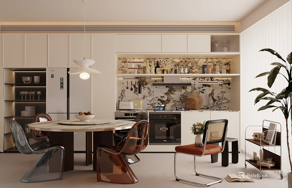 Modern Restaurant Interior With Round Dining Table Designer Chairs And Pendant Light Decor 3d model