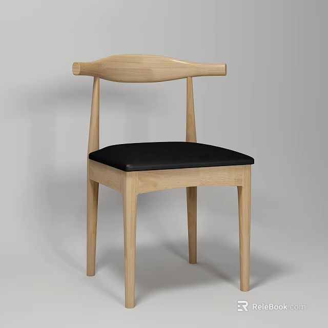 Modern Wooden Dining Chair With Curved Backrest And Black Leather Seat In Light Wood Tone 3d model 
