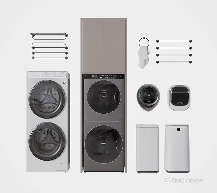 Modern Household Electrical Appliances Including Washing Machines Dryers Small Devices And Hanging Racks 3d model 