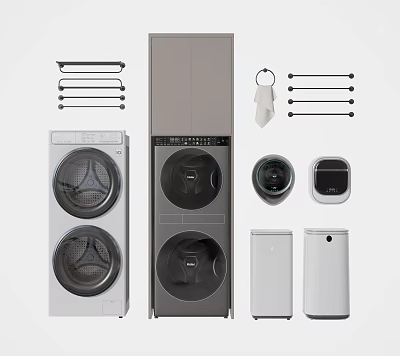 Modern Household Electrical Appliances Including Washing Machines Dryers Small Devices And Hanging Racks 3d model
