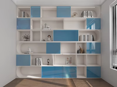 Modern White and Blue Shelving Unit with Multiple Compartments Decorative Items and Books 3d model