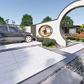Modern Courtyard Scenic Wall Design With Green Plants Stone Path And Circular Water Feature
