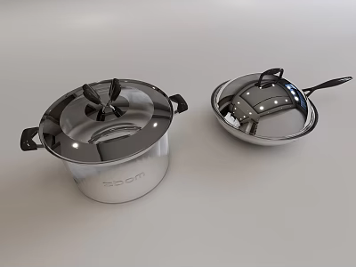 Shiny Stainless Steel Cookware Set Featuring Covered Pot And Frying Pan 3d model