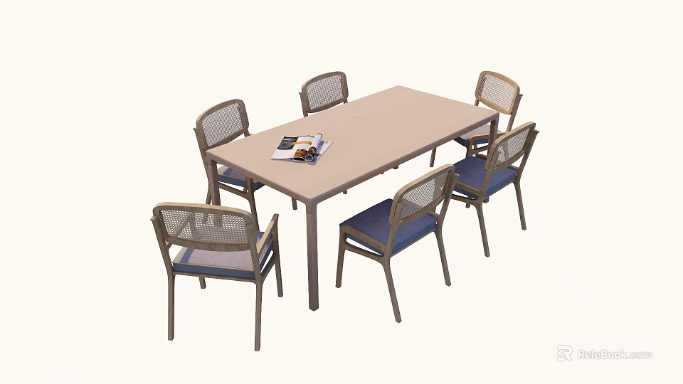 Modern Rectangular Dining Table Set With Six Woven Backrest Chairs And Blue Cushions 3d model