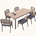 Modern Rectangular Dining Table Set With Six Woven Backrest Chairs And Blue Cushions 3d model