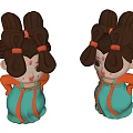 Cute Cartoon Character Sculptures With Double Bun Hairstyle Orange Ribbons And Blue Outfit