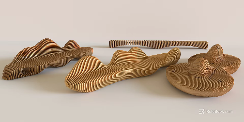 Modern Wooden Outdoor Chair With Wavy Striped Design For Garden Patio Seating 3d model 