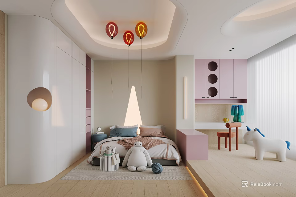 Cozy Kids Room Interior With Stuffed Teddy Bear Colorful Balloon Lights And Unicorn Plush 3d model 