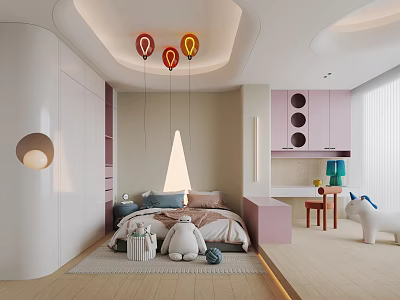 Cozy Kids Room Interior With Stuffed Teddy Bear Colorful Balloon Lights And Unicorn Plush 3d model
