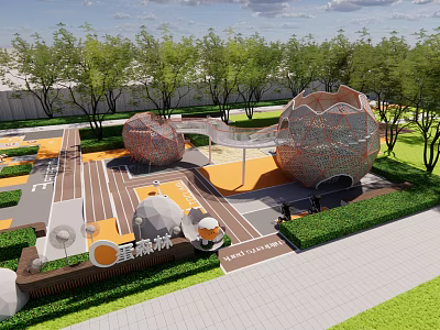 Colorful Kids Play Area With Spherical Play Structures Orange Ground Pathways And Green Trees 3d model