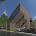Modern Detached Villa With Large Glass Windows Geometric Design And Lush Green Trees