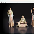 Three Women In Traditional Chinese Clothing Playing Guzheng And Standing In Ancient Style